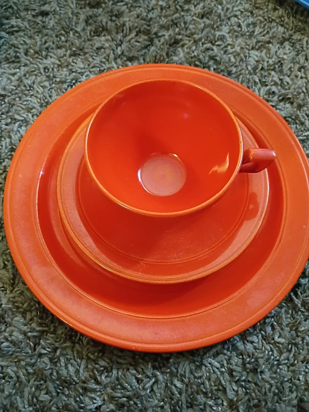 Vintage Early California Vernonware Bright Orange Ceramic Cup and Saucer Set 4